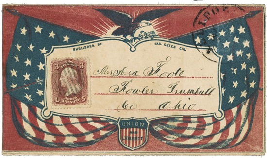 Civil War envelope showing American flags, eagle with laurel branches, and shield