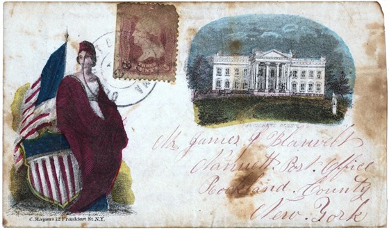 Civil War envelope showing Columbia with shield and American flag and White House