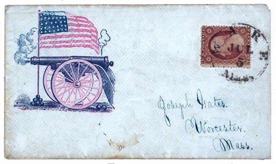 Civil War envelope showing a firing cannon and an American flag standing in a pile of cannon balls