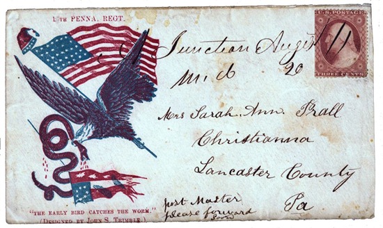 Civil War envelope showing an eagle carrying an American flag in its claw and a serpent in its beak with motto The early bird catches the worm below