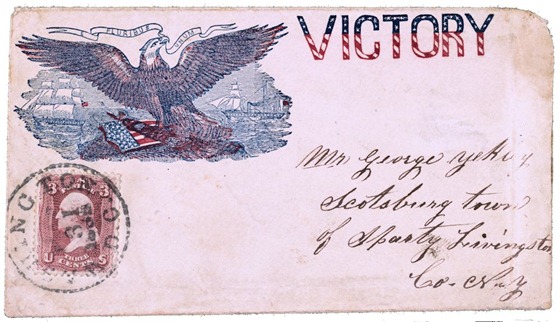 Civil War envelope showing eagle and shield with sailboat and steamboat in the distance and bearing message - Victory