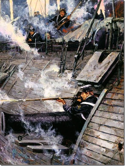 Corporal John Mackie fighting aboard the USS Galena during the Battle of Drewry's Bluff.
