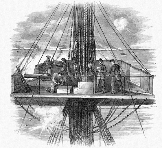 From the foretop of the war steamer Mississippi, Mr W Waud sketches the engagement between the federal fleet and the rebel forts below New Orleans