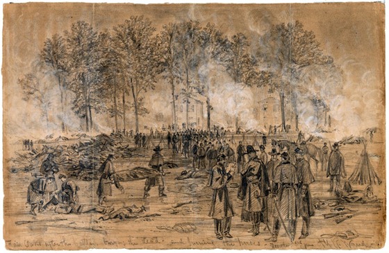 Fair Oaks after the battle, burying the dead--and burning the horses