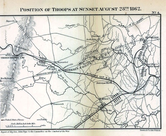 Position of troops at sunset August 28th, 1862. [Second Manassas battle]