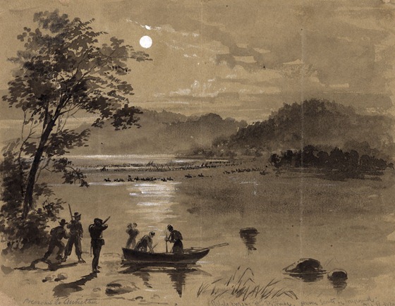 1862-09-15 Previous to Antietam. Rebels crossing the Potomac. Union scouts in foreground