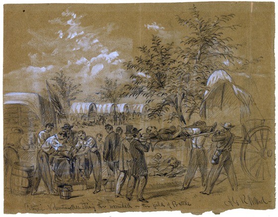 Citizen volunteers assisting the wounded in the field of Battle.