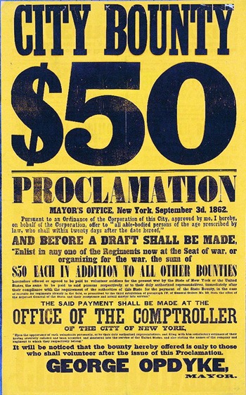 City bounty $50. Proclamation Mayor's Office, New York, September 3d, 1862 ac03104v