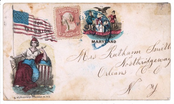 Civil War envelope showing Columbia with American flag bearing message - For the Union - and state seal of Maryland
