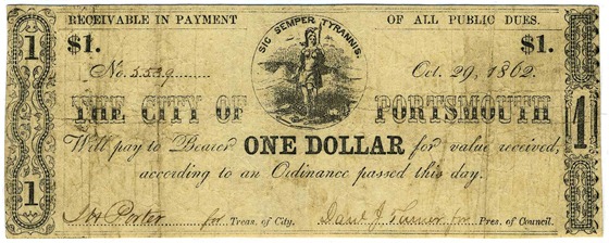 $1 October 29 1862 The City of Portsmouth Virginia Banknote
