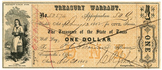 $1 Texas Treasury Warrant. Civil Pay to P.O. Gorman or Bearer; October 31, 1862.