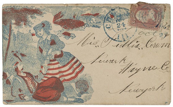 10 24 Civil War envelope showing woman pouring a drink for a wounded soldier as a battle rages in the background