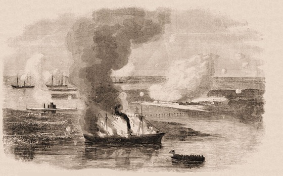 Destruction of the Famous Confederate Privateer Nashville, in the Ogeechee River, Georgia, by the Union Iron-Clad Montauk, Capt. Worden, Feb. 28