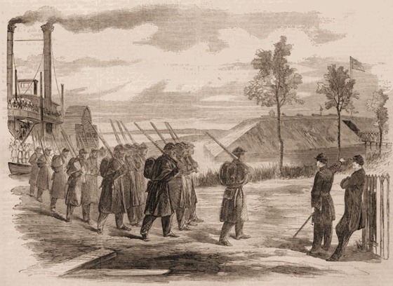 Our Colored Troops at Work—The First Louisiana Native Guards Disembarking at Fort Macombe, Louisiana