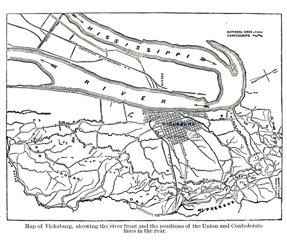 Map of Vicksburg, showing the river front and the positions of the Union and Confederate lines in the rear.