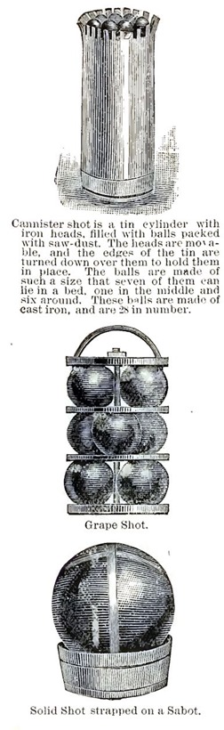 Cannister shot, grape shot, and solid shot, such as used at Vicksburg, June 1863