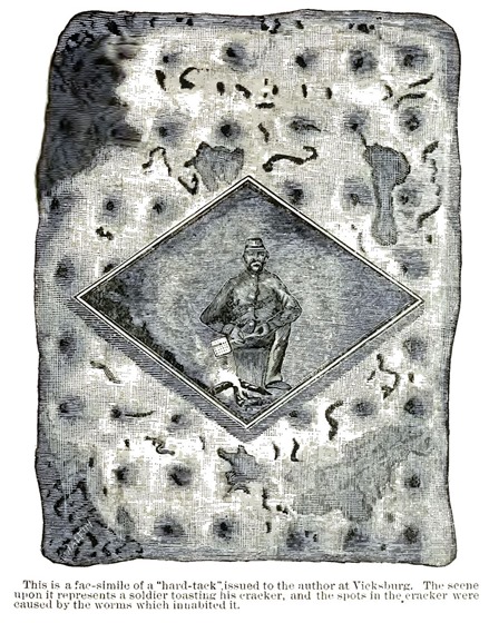 Fac-simile of a "hard tack" issued at Vicksburg, June, 1863.  The scene on it represents a soldier toasting his cracker, and the spots in the cracker were caused by the worms that inhabited it.  