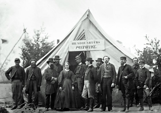 Falmouth, Va. Group in front of post office tent at Army of the Potomac headquarters