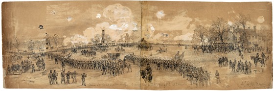 Scene at Chancellorsville during the battle, May 1st 1863, drawn by Alfred Waud