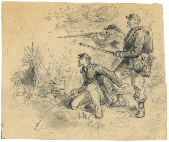 Three soldiers in action - Waud