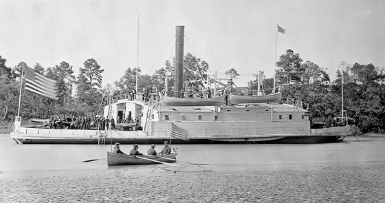 USS Commodore Perry, a ferryboat converted to a gunboat, Pamunkey River, Virginia, USA – circa 1863.
