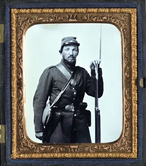 Unidentified soldier in Company H, Vermont uniform with bayoneted musket - edited and  framed