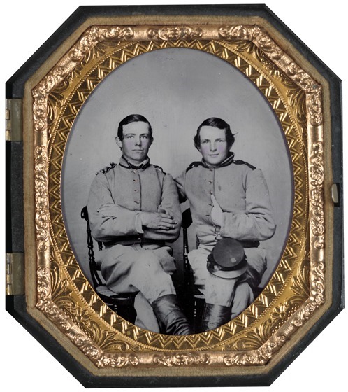 Private Reggie T. Wingfield and Private Hamden T. Flay in Confederate uniforms -- in frame