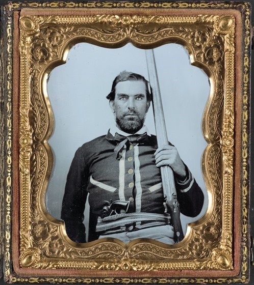 Unidentified soldier in Confederate quantrillian battleshirt-in frame