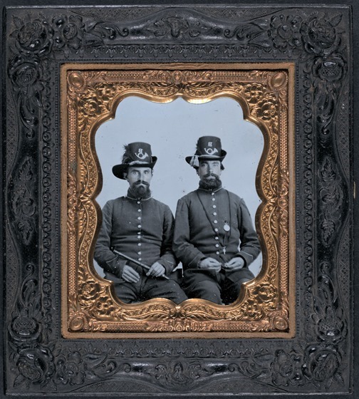Unidentified soldiers in Union uniforms and infantry Company B Hardee hats -- in frame