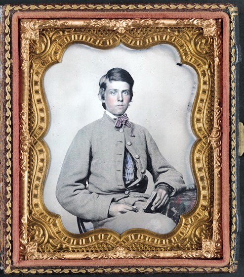 Unidentified young soldier in Confederate private's uniform -- in frame