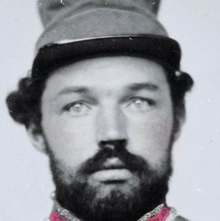 close-up crop of Unidentified soldier in Confederate uniform with saxhorn